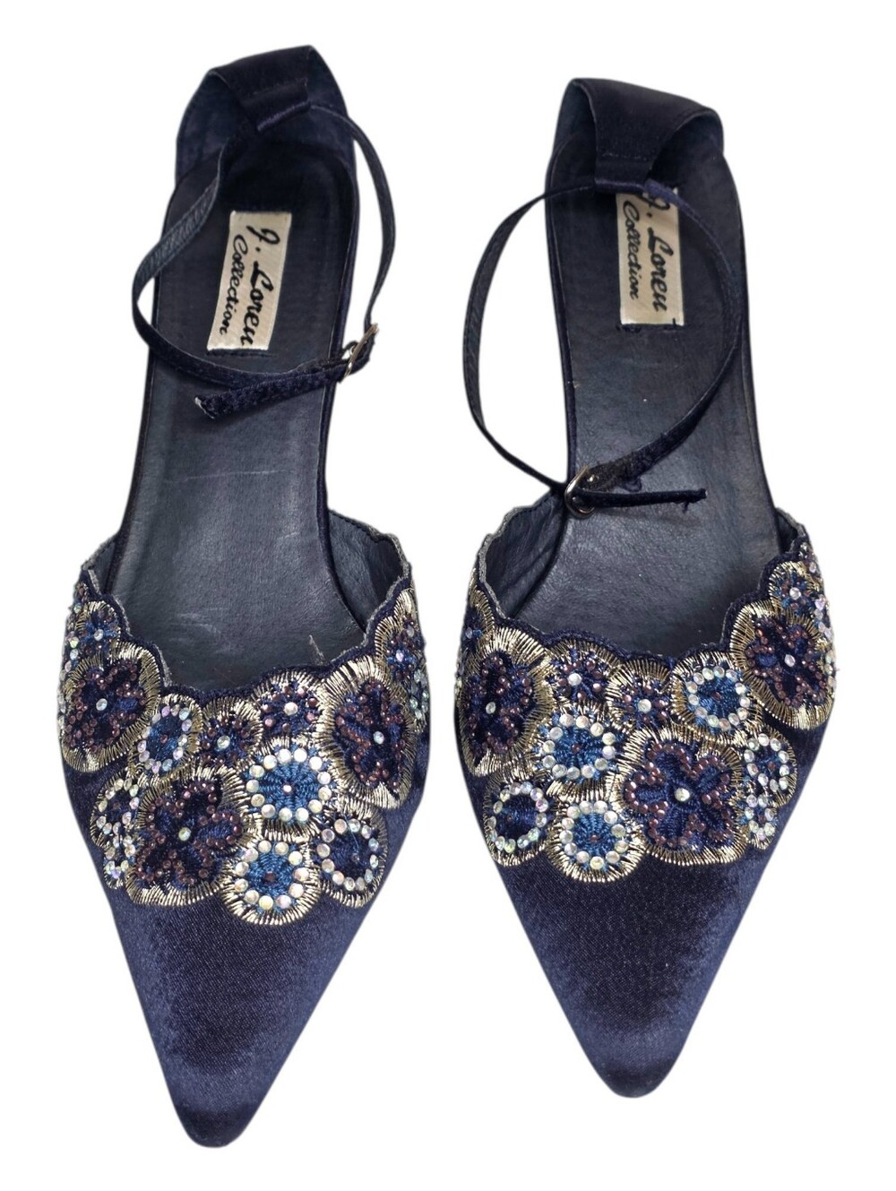 J Loren Collection Pointed Toe Slingback Heels Navy Blue Embroidered Satin 9.5 - Picture 3 of 12